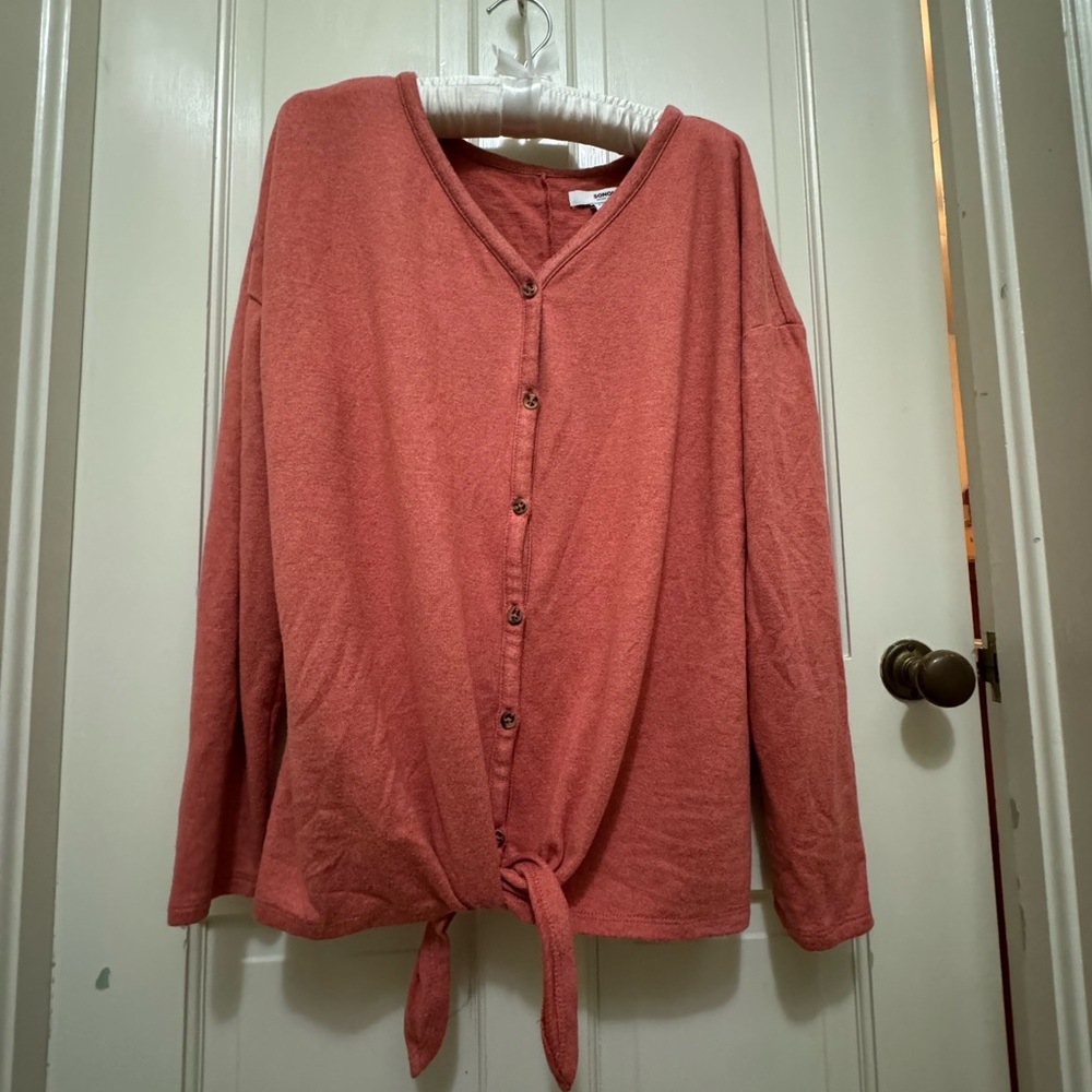 BNWOT SO Maternity light weight soft button up tie sweater! Size small/orange